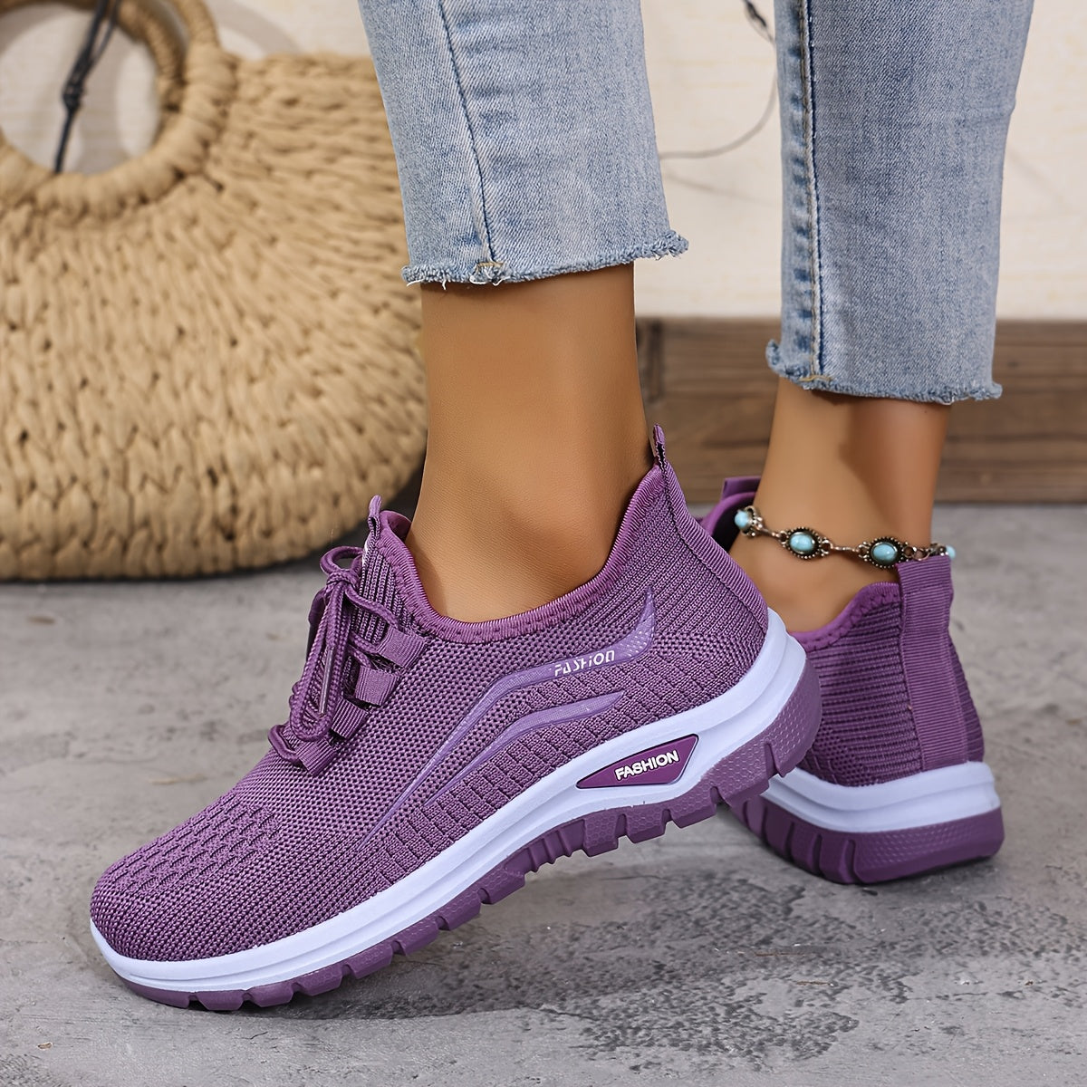 Women's Knitted Running Shoes with Lace-Up, Double-Layer Sole for Walking
