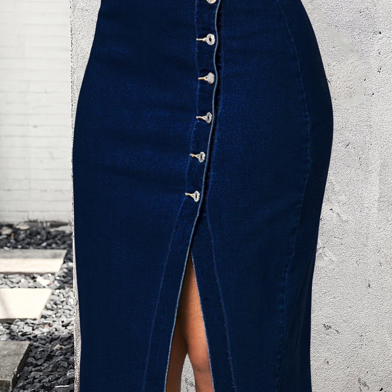 Women's Plus Size Asymmetric Denim Midi Skirt Dark Wash Blue Slim Fit Split Hem