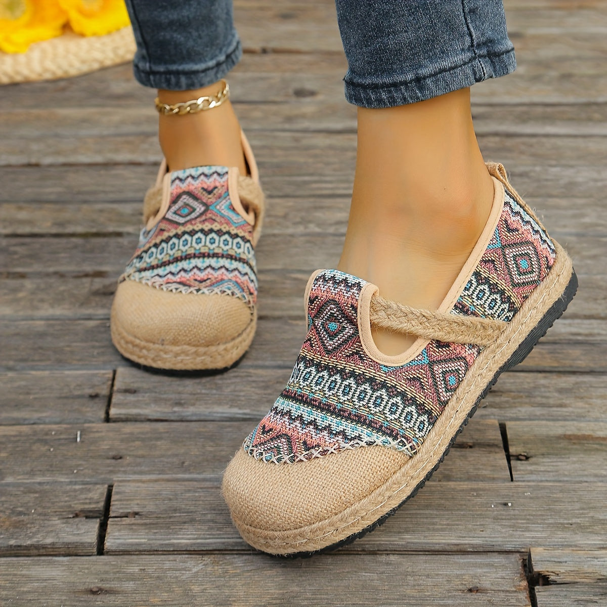 Women's Casual Espadrille Flats, Tribal Pattern Slip-On Breathable Shoes