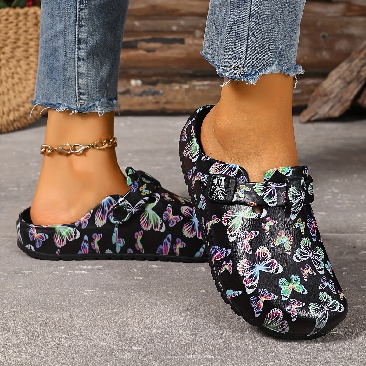 Women's EVA Sandals with Adjustable Straps Butterfly Print Breathable Flat Shoes