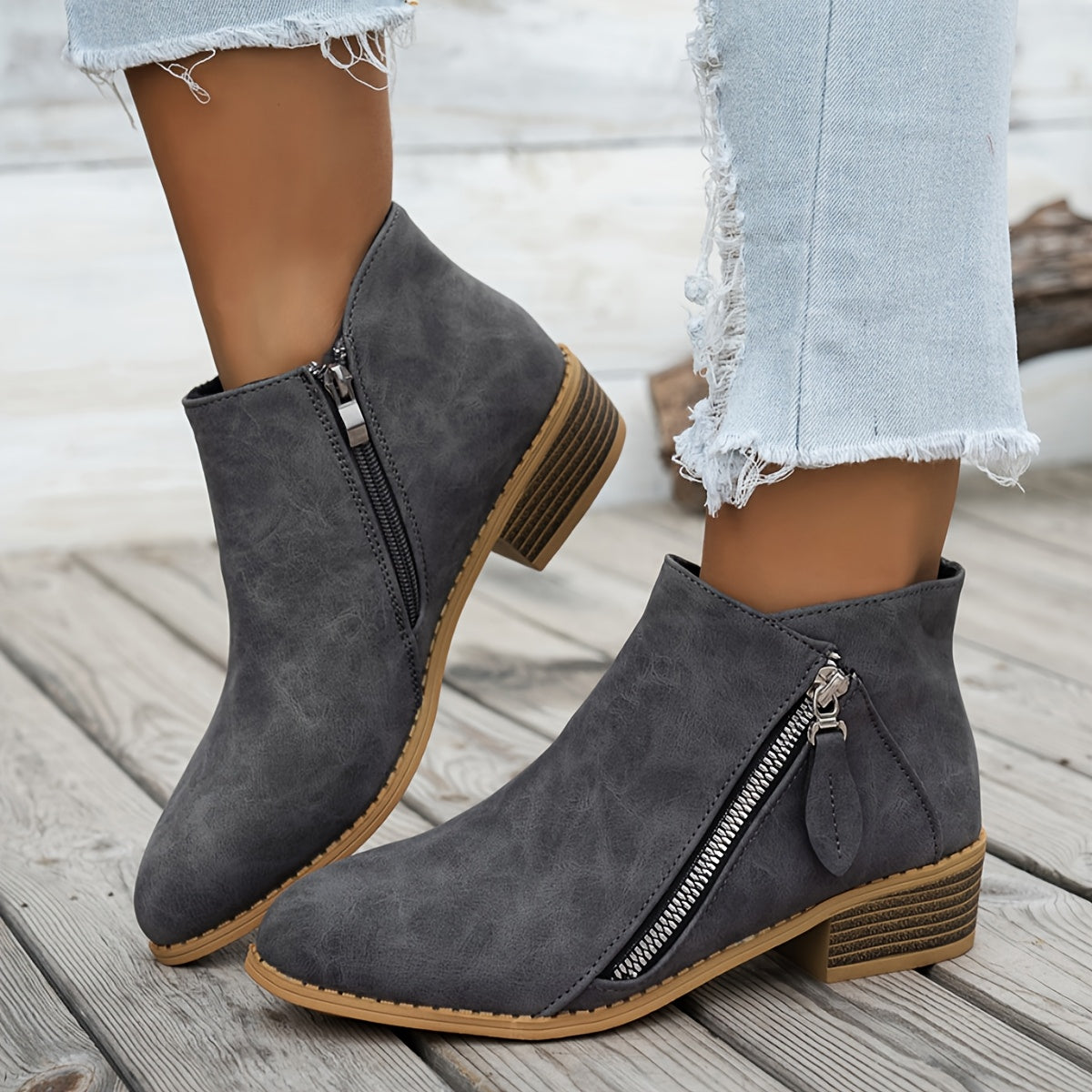 Women's Ankle Boots Pointed Toe Faux Leather Side Zipper All-Season Brown