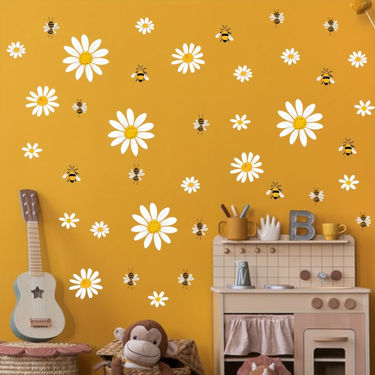 Contemporary Daisy and Bee Window Stickers Set of 3 Self-Adhesive PVC Decals