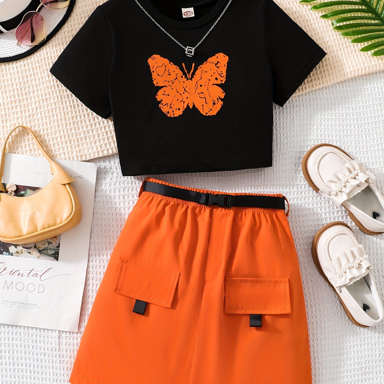 Girls Butterfly Pattern Short Sleeve Top and Skirt Set Summer Casual Kids Clothing