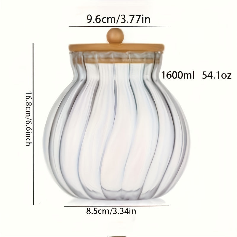 Glass Storage Jar With Bamboo Lid, Striped, for Tea Snacks and Seasonings