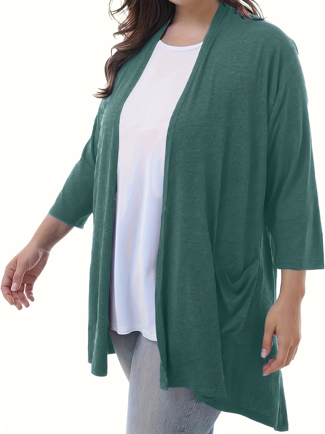 Plus Size Women's Open Front Cardigans Long Sleeve Solid Color Spring Fall