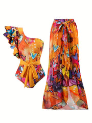 Women's Floral One-Shoulder Swimsuit Set with Blue Leaf Print High-Waisted Bottoms Ruffled Top Polyester Spandex