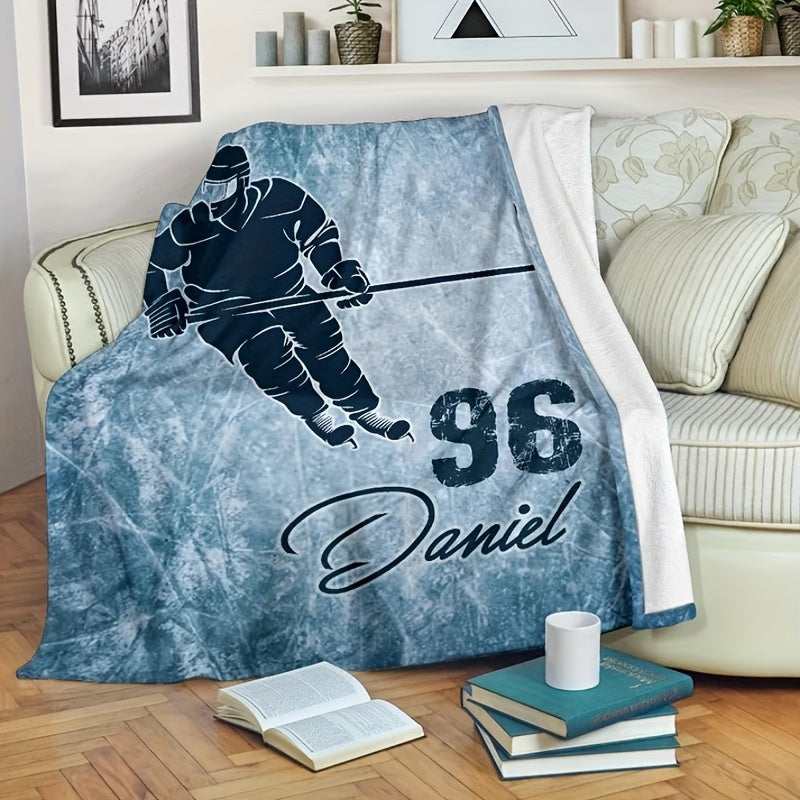 Personalized Ice Hockey Player Flannel Blanket Custom Name Soft Warm Polyester All-Season Use