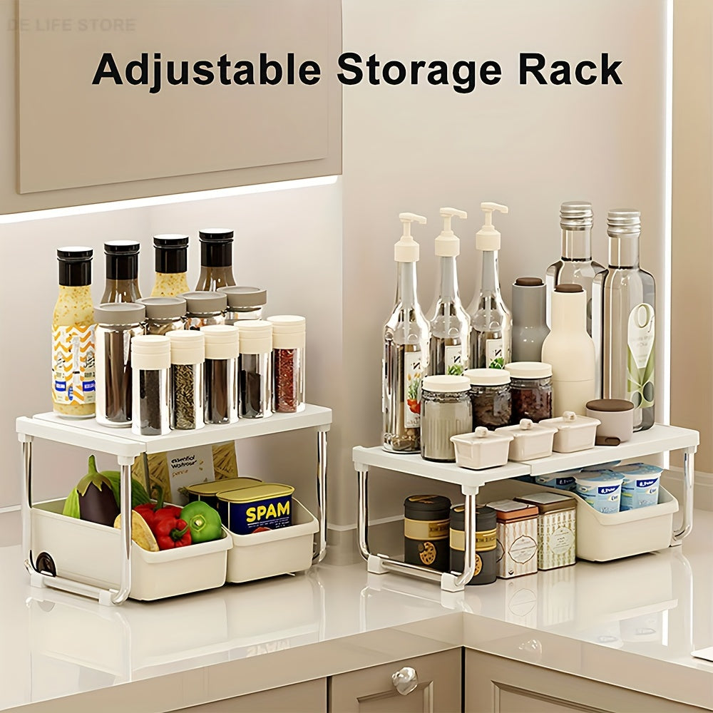 White Expandable Metal and Plastic Kitchen Shelf Stackable Pantry Organizer