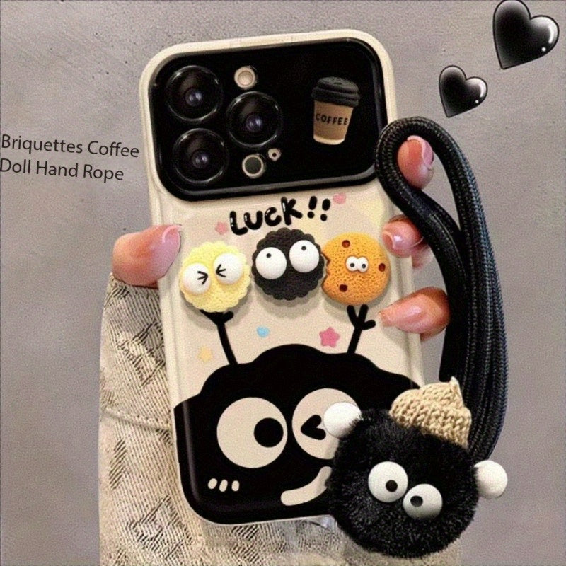 Large Window Flip Mirror Phone Case for iPhone with Coal Ball Coffee Doll Design Full Cover Edge Anti-Fall TPU
