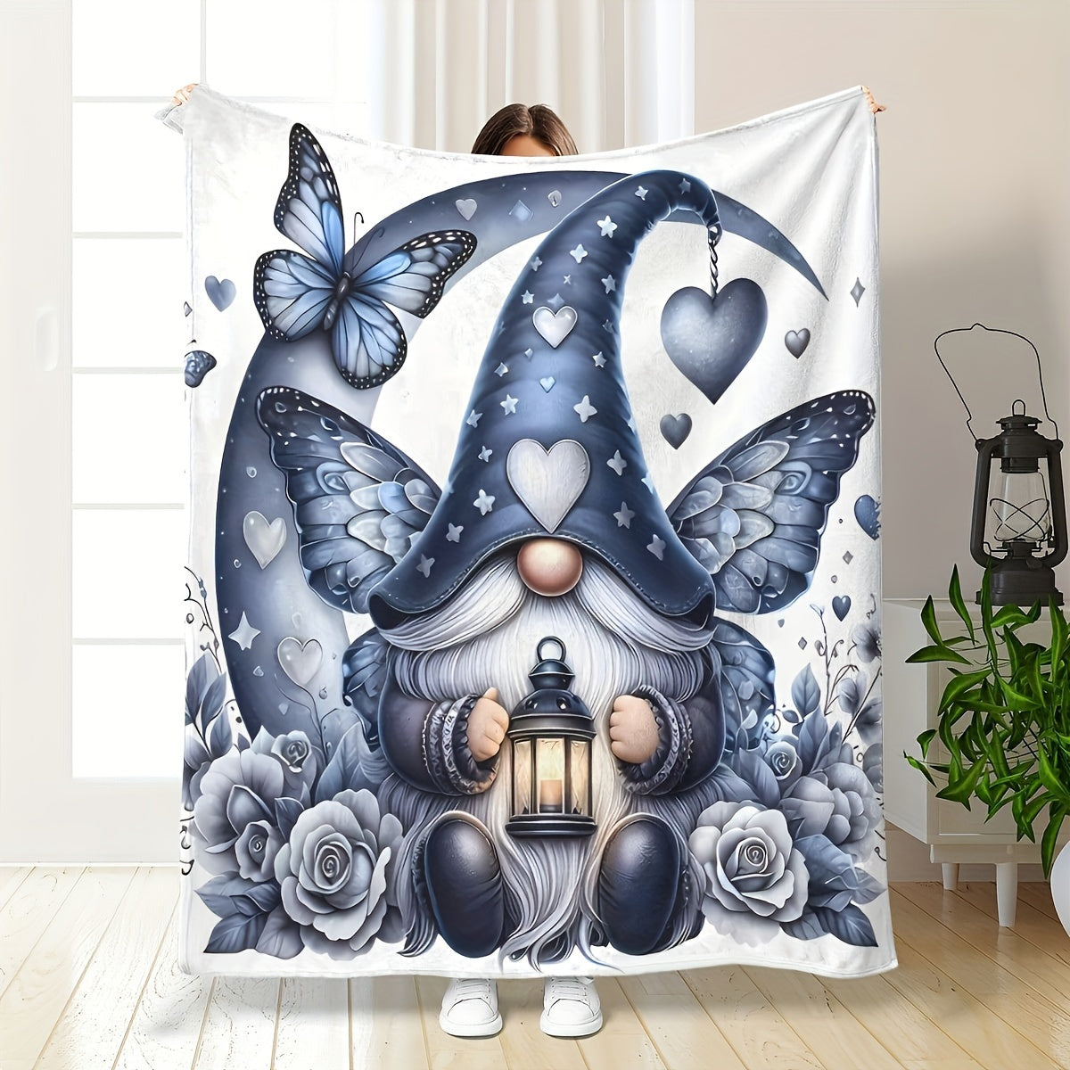 Cozy Flannel Throw Blanket with Gnome and Butterfly Print for Couch Bed or Travel