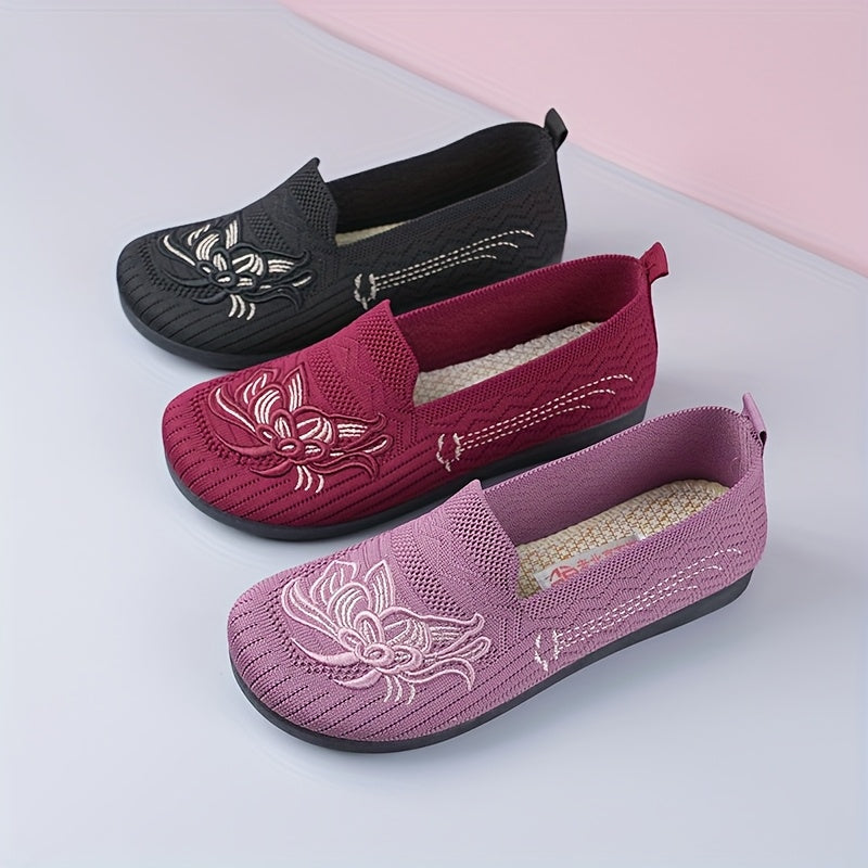 Ayollar uchun slip-on sport poyabzali, nafas oluvchi mato, gul naqshli, kundalik poyabzal