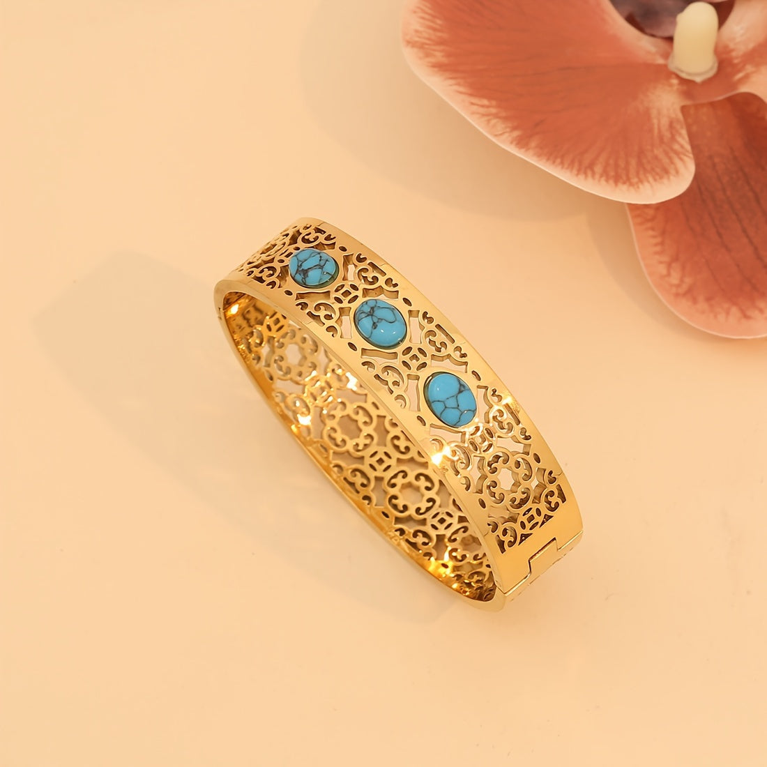 Women's Vintage Style 18K Gold Plated Stainless Steel Bracelet with Turquoise Inlay and Hollow Pattern