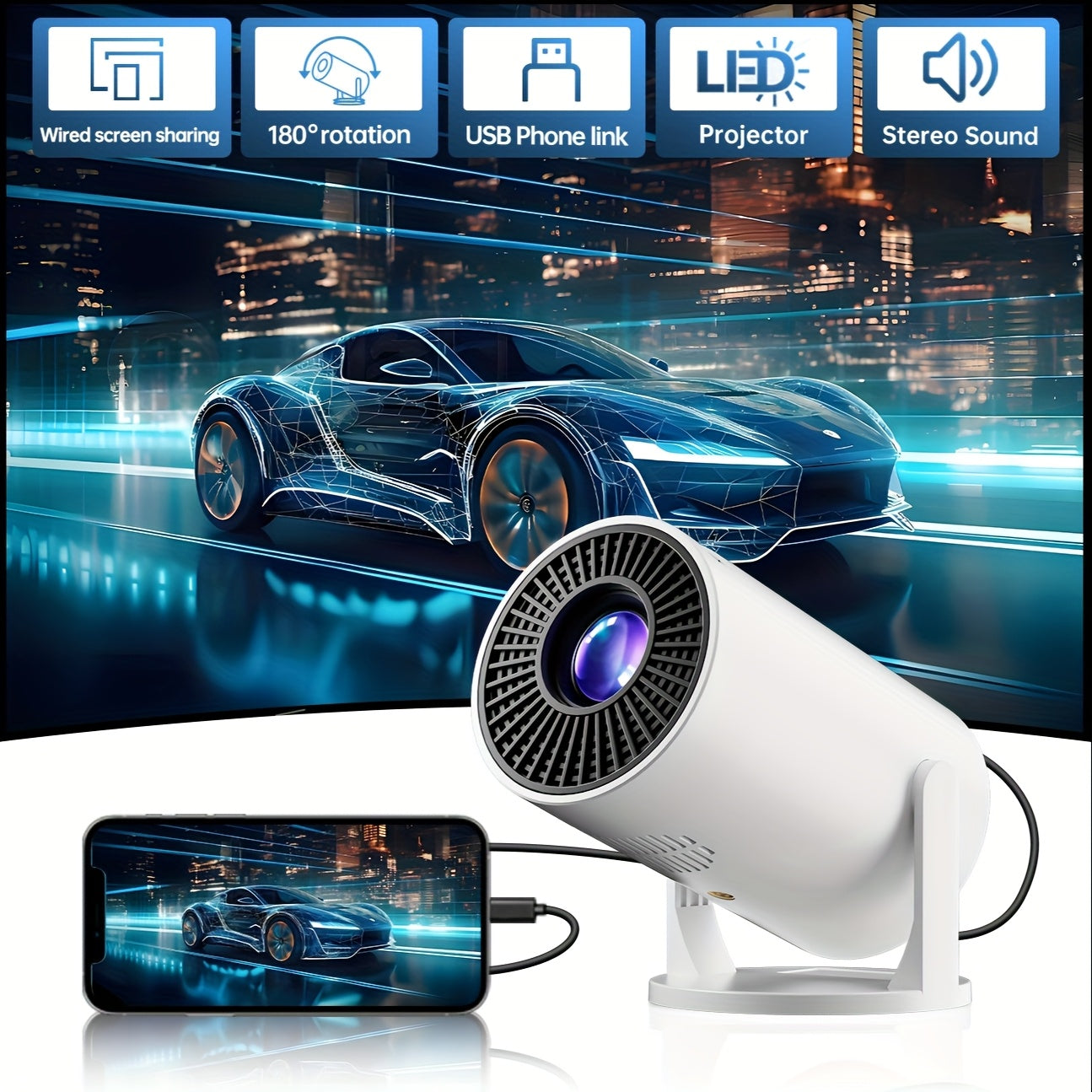 Mini White Portable Projector 1080P USB AV SD Laptop 3D Ready