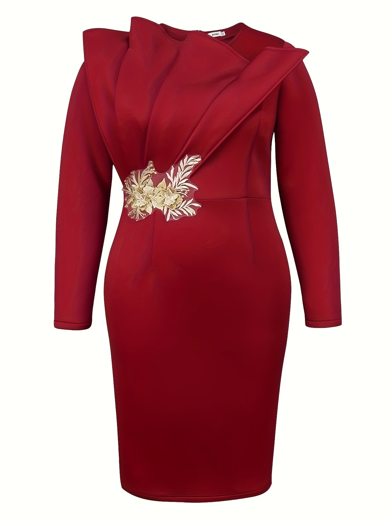 Women Maroon Long Sleeve Party Dress with Pleats and Ruched Design