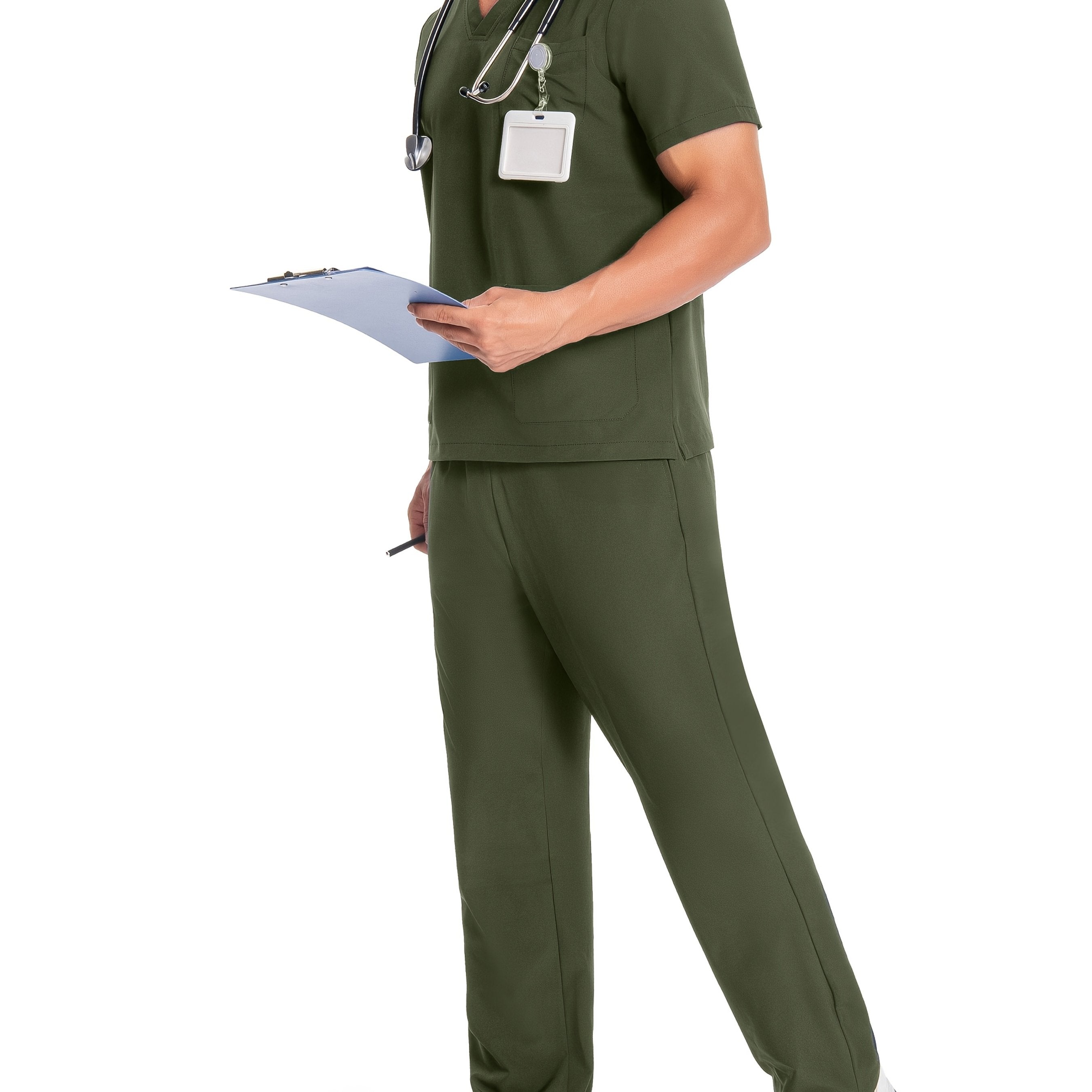 Men's Breathable Polyester Workwear Set V-Neck Top and Pants with Pockets for Pet Grooming and Lab Coats