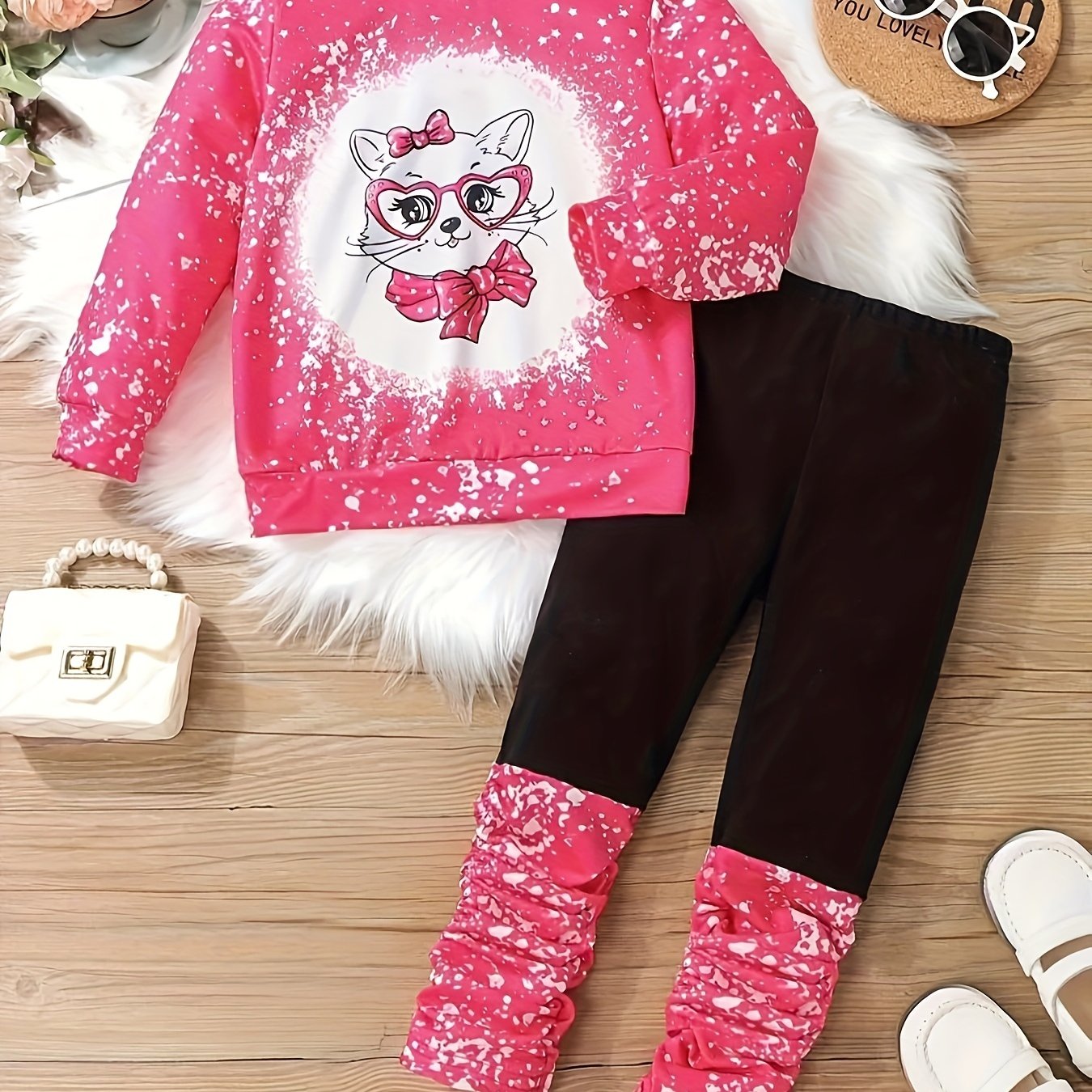 Girls' Sweatshirt and Joggers Set with Cartoon Cat Pattern Polyester Casual All-Season