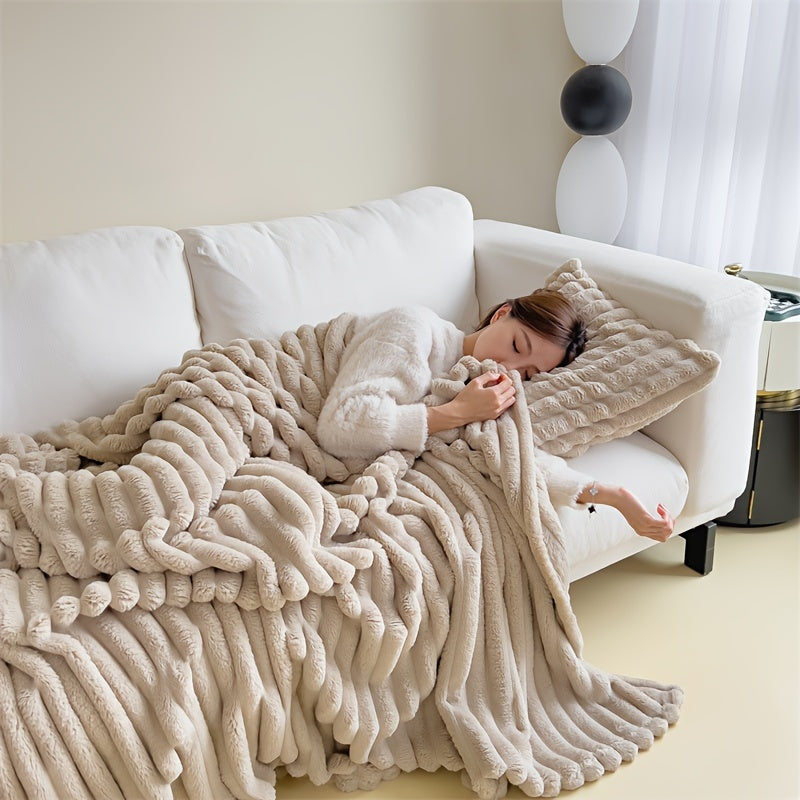 Contemporary Champagne Plush Double-Layer Throw Blanket 100% Polyester Soft Warm
