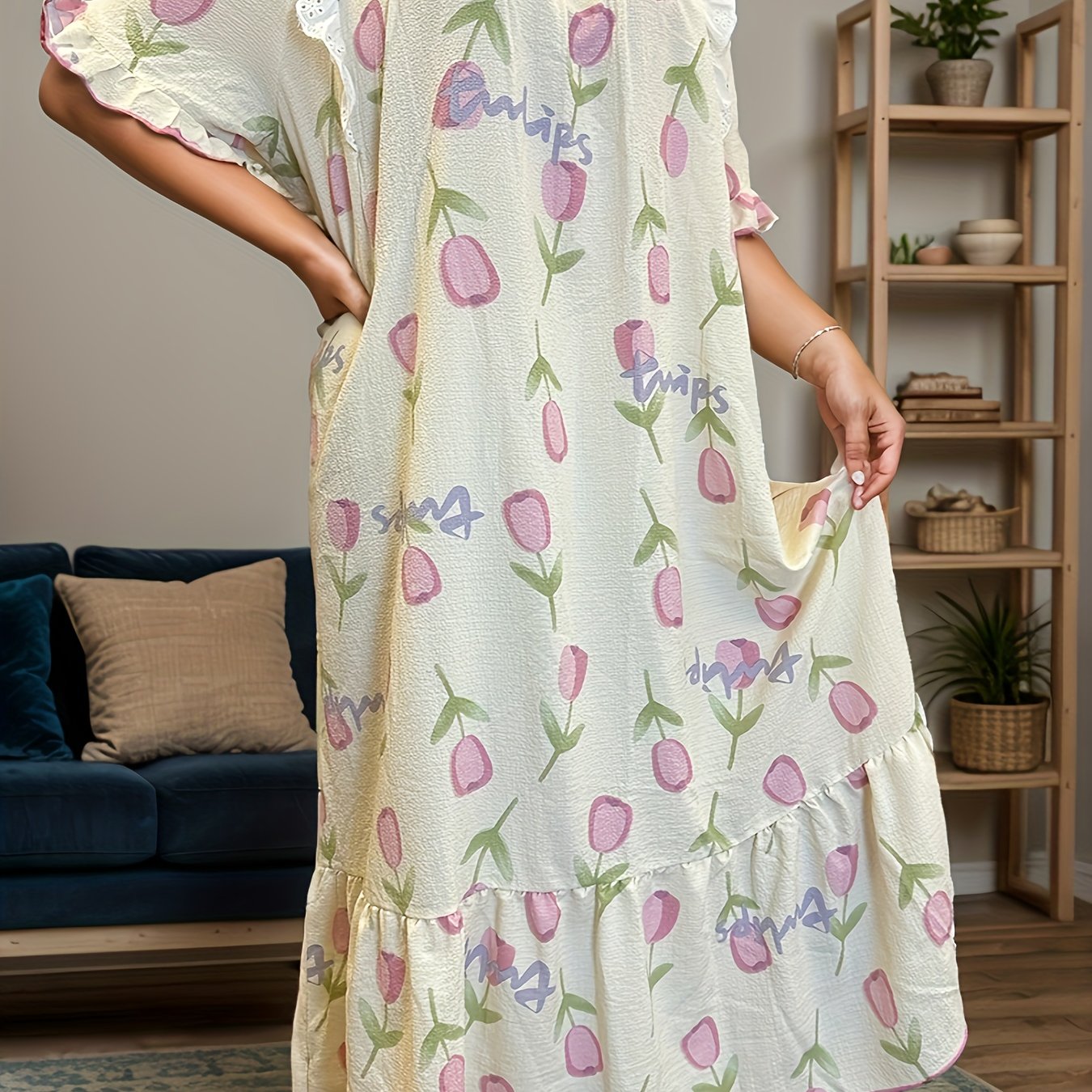 Plus Size Women's Sleep Dress with Tulip Print Bubble Sleeves Ruffle Hem