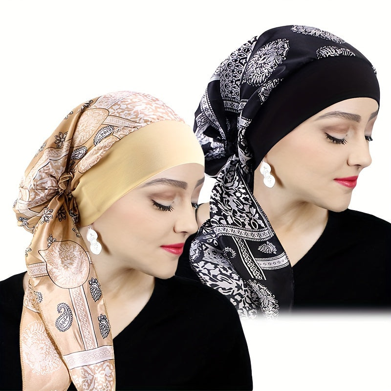 Women's Satin Printed Turban Caps Pack of Two with Stretchy Wide Band for Sleeping and Casual Wear