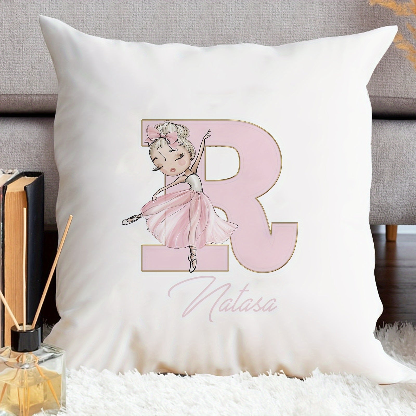 Shaxsiylashtirilgan samoviy yostiq qopqog'i, balet qiz dizayni bilan, pushti harflar, divan uchun dekor, bitta tomonli bosma