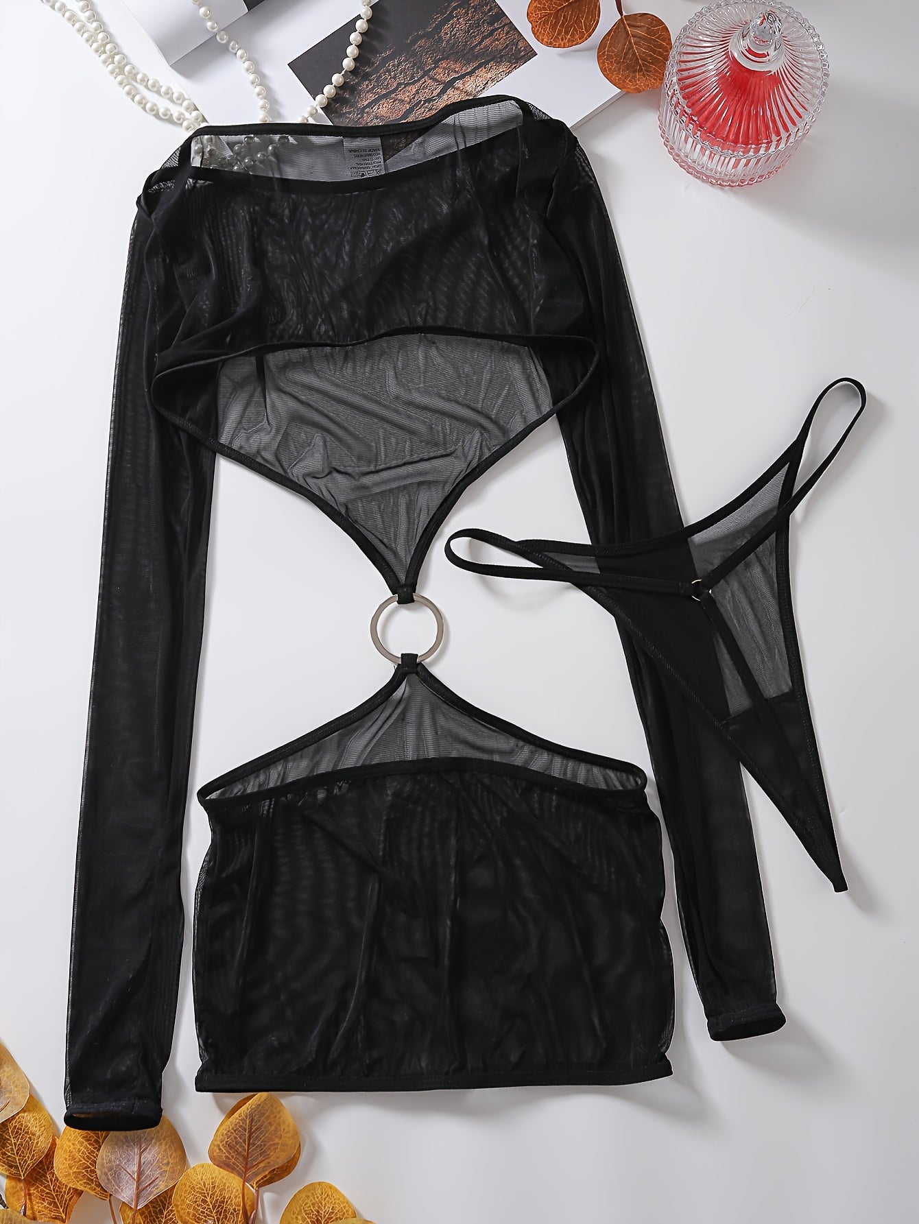 Women's Sheer Mesh Lingerie Set with Opaque Lining Polyester Elastane 2-Piece