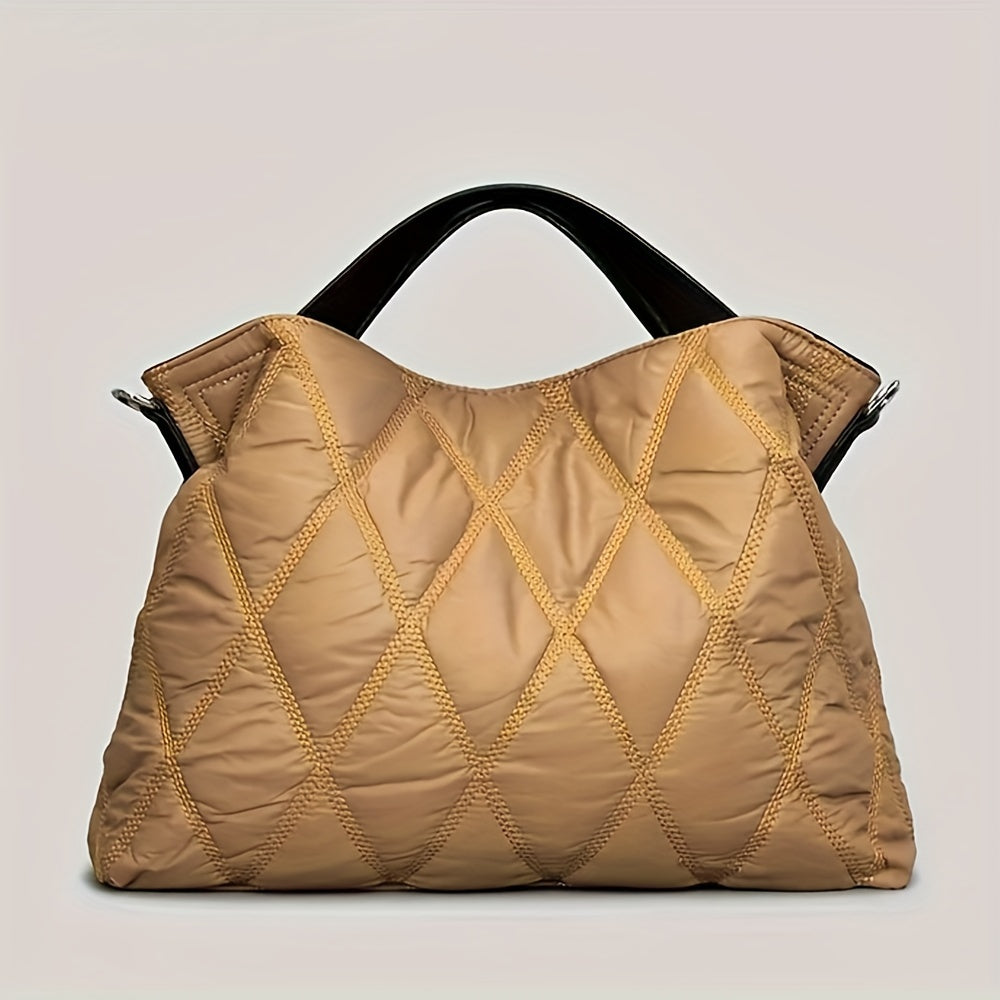 Bolso tote de nylon acolchado para mujer con diseño acolchado y patrón de cuadros