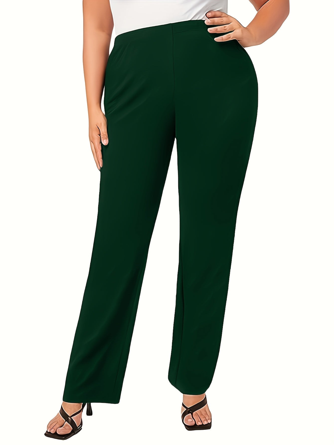 Plus Size High Waist Straight Pants for Spring and Summer Polyester Solid Color
