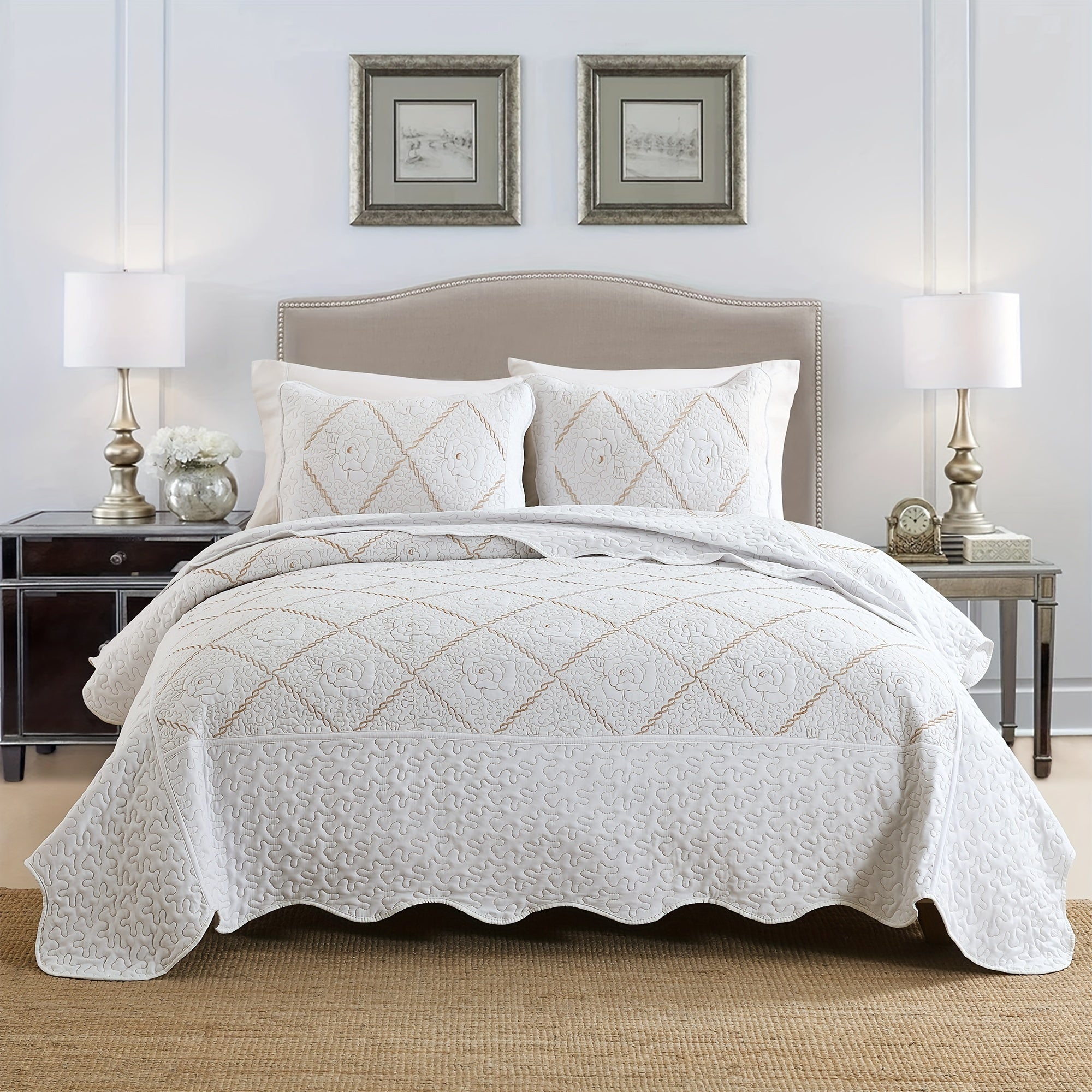 Advanced Quilt Cover Bedding Set with White Gold Thread Flower Pattern Summer Cool 3pcs