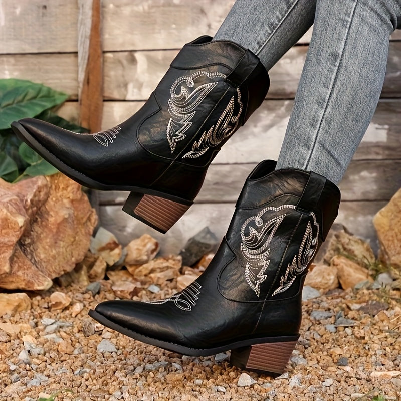 Women's Western Knee-High Cowboy Boots Red Faux Leather Embroidered Pointed Toe