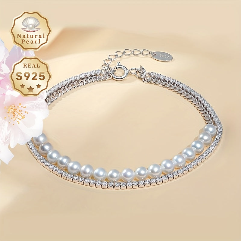 Pulsera elegante de doble hilo con perlas de agua dulce y zirconia, plata de ley, piedra de nacimiento de junio