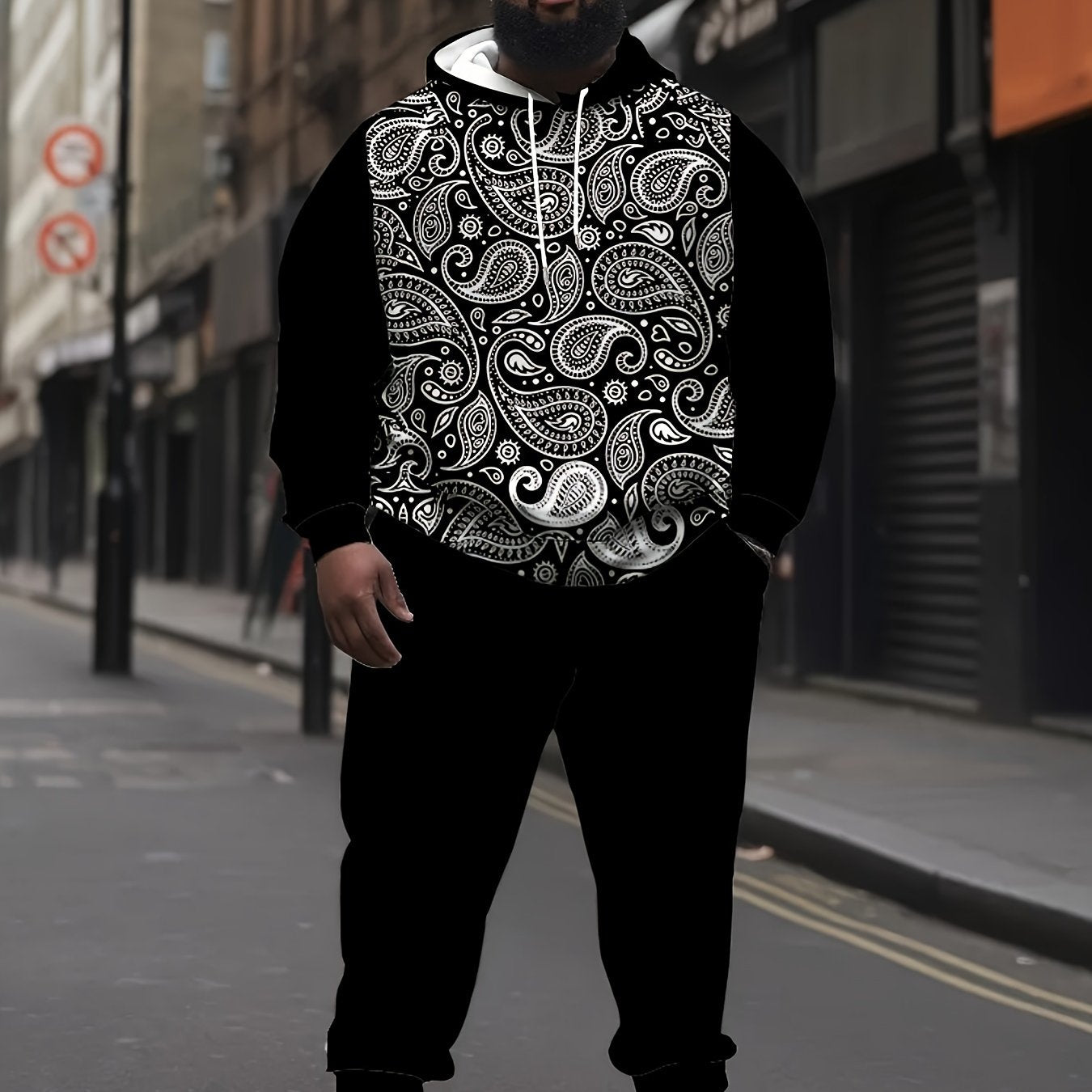 Men's Plus Size Casual Outfit Hoodie and Print Pants Polyester Comfortable Sportswear