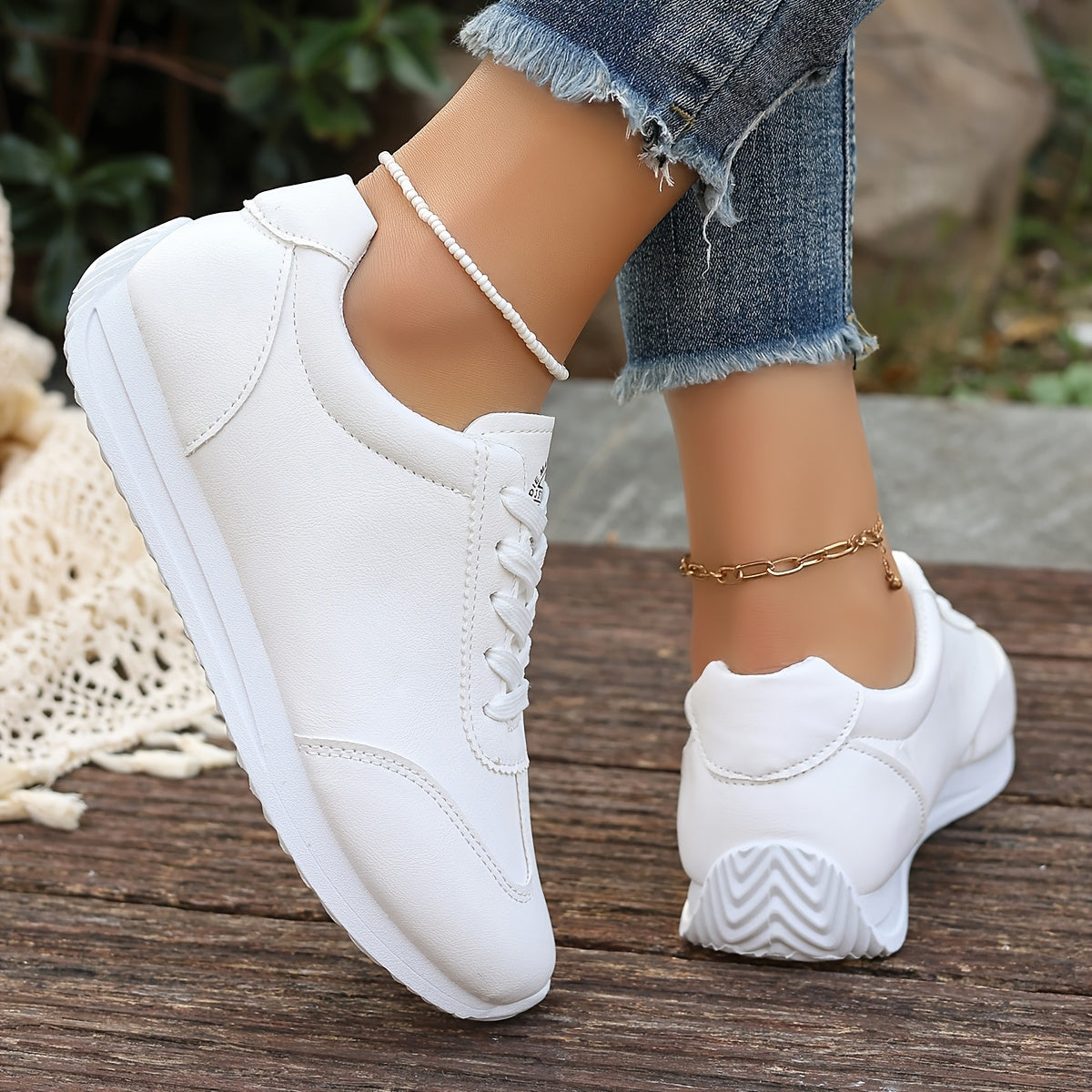 Women's White Synthetic Leather Casual Sneakers with Stability Support and Breathable Fabric Lining
