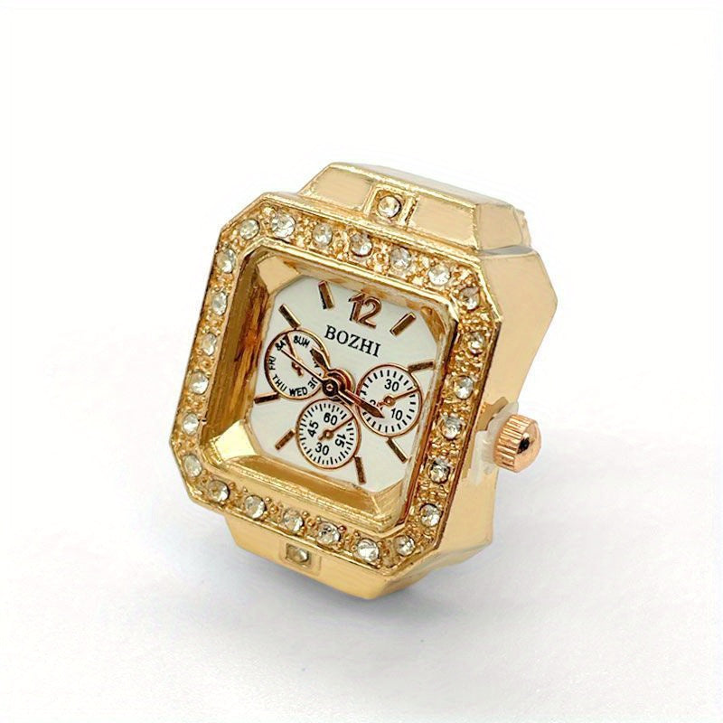 Square Quartz Finger Ring Watch for Women with Rhinestone Sparkle Jewelry