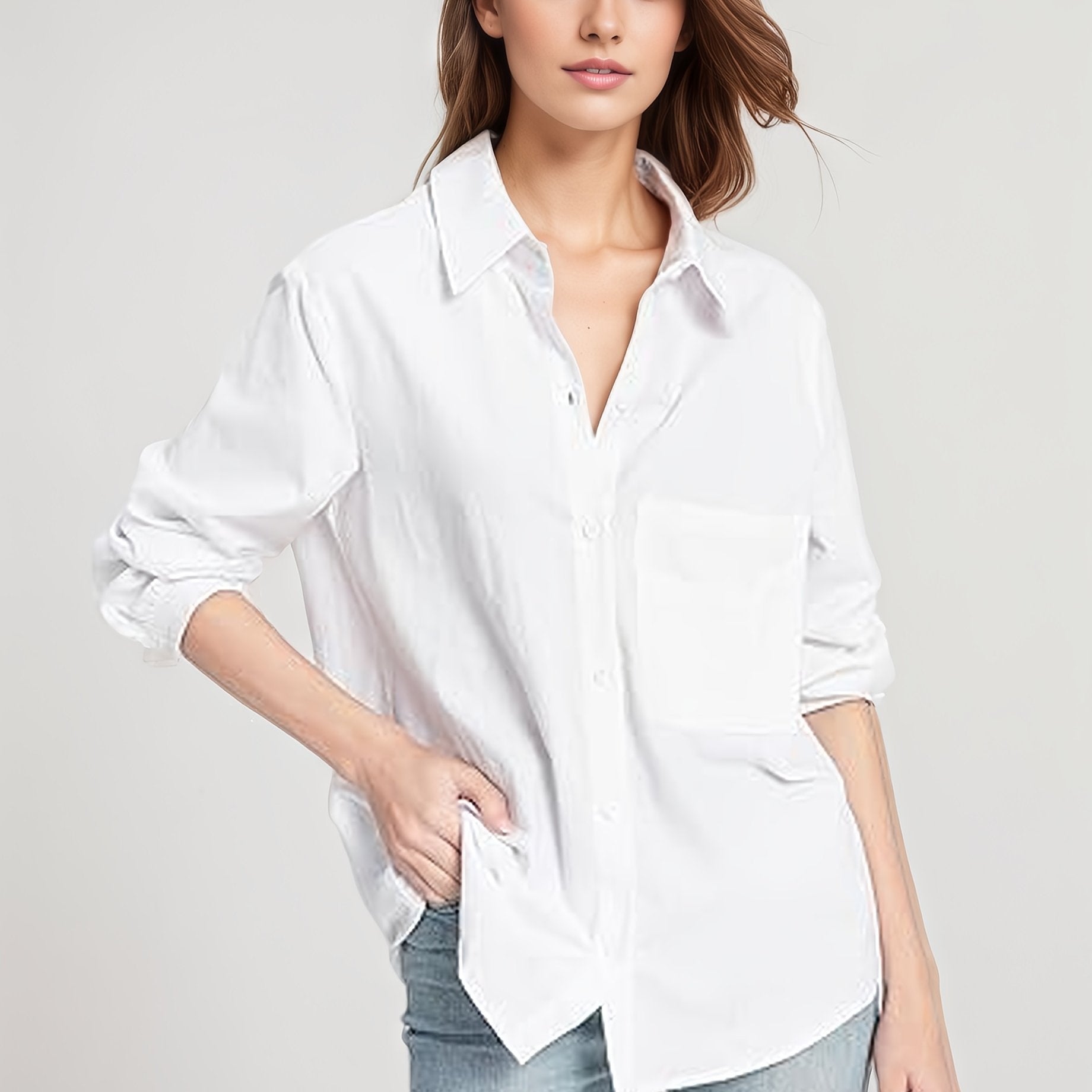 Women's Plus Size Viscose Long Sleeve Button-Up Shirt with Asymmetrical Hem
