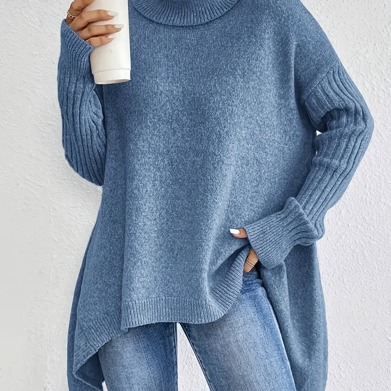 Plus Size Women's Soft Stretch High-Neck Long Sleeve Sweater Pullover Fall Winter Casual