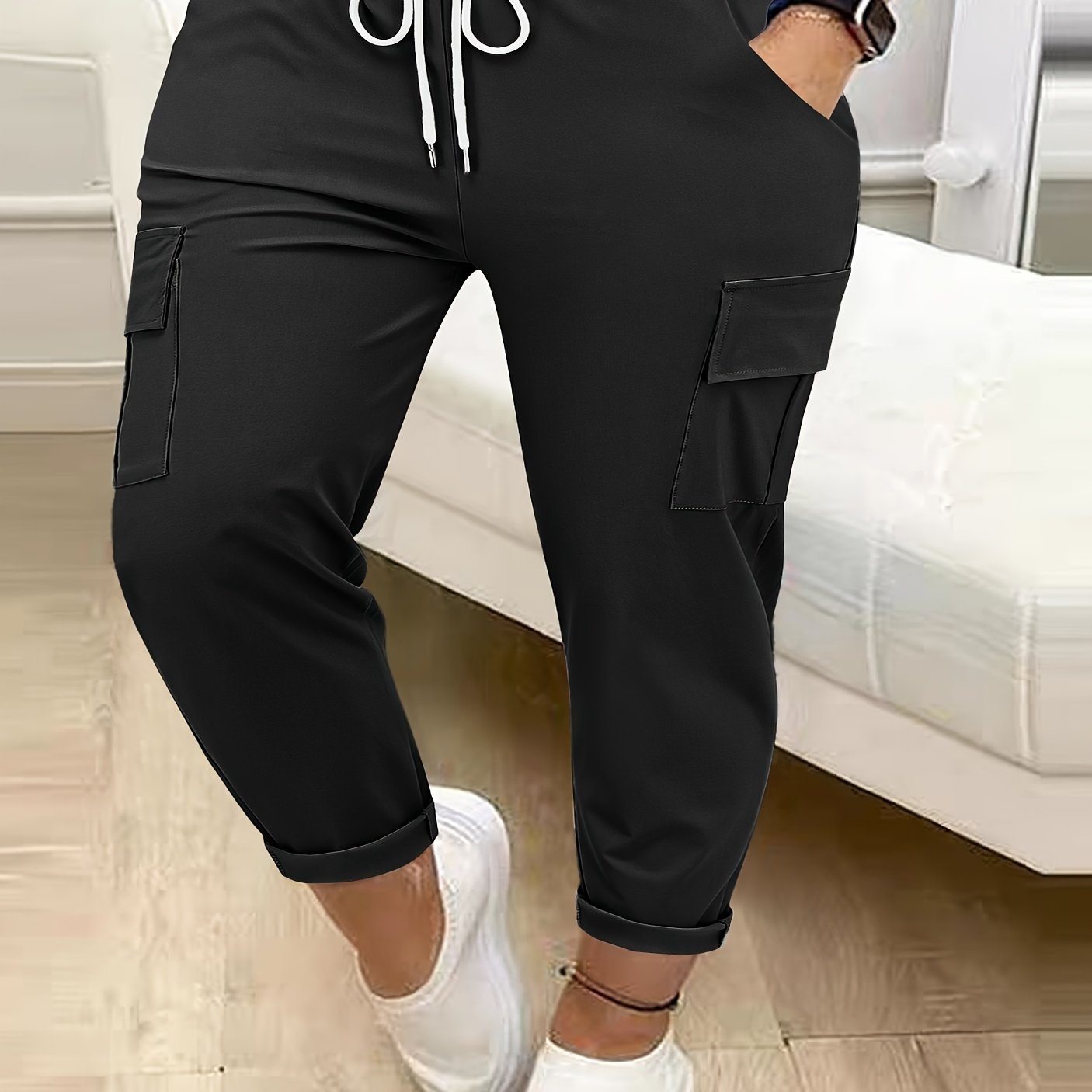 Plus Size Women Cargo Pants Polyester Blend Drawstring Waist All-Season