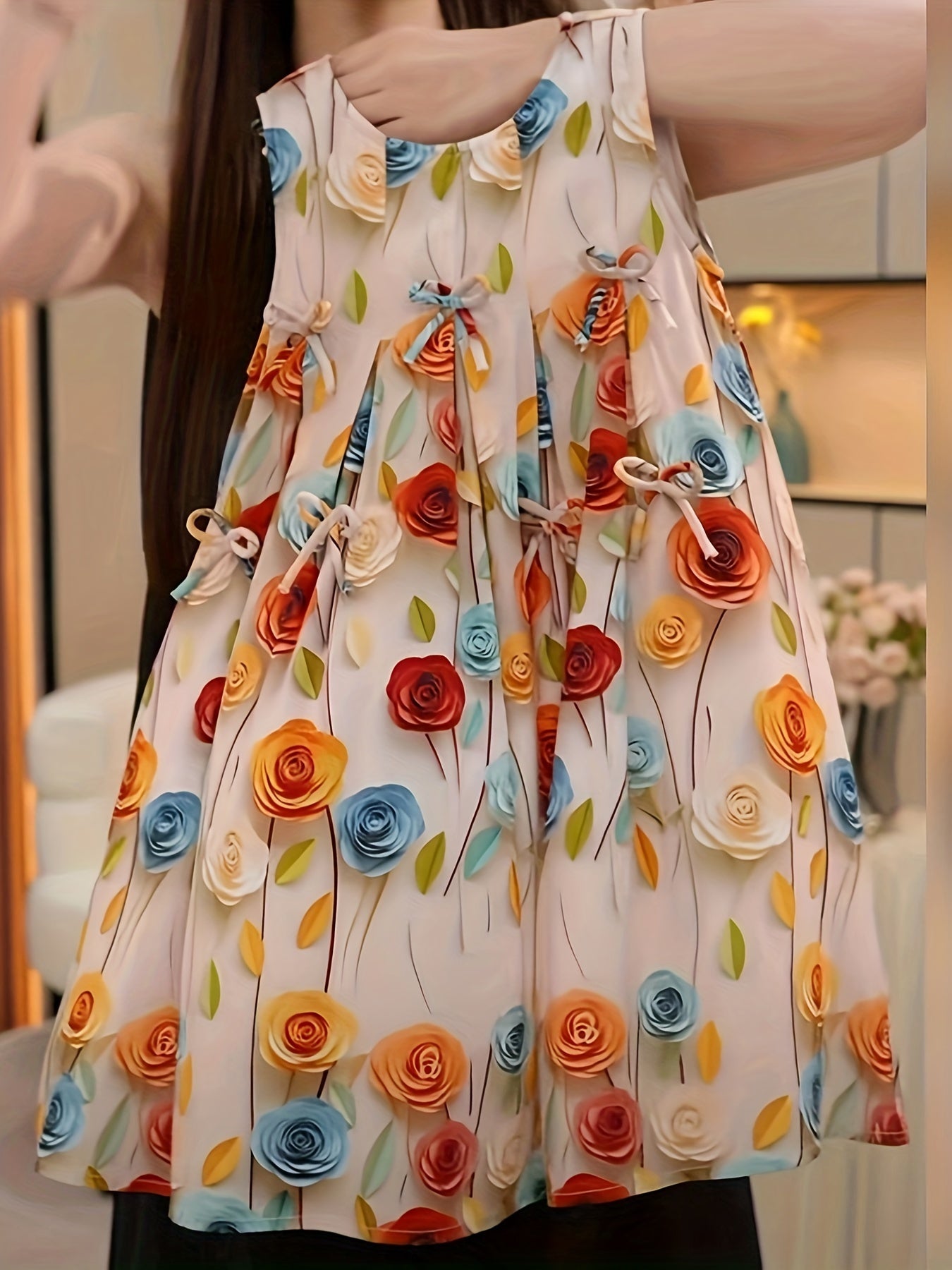 Girls' Summer Floral Sleeveless Dress with Hat for Beach and Casual Wear