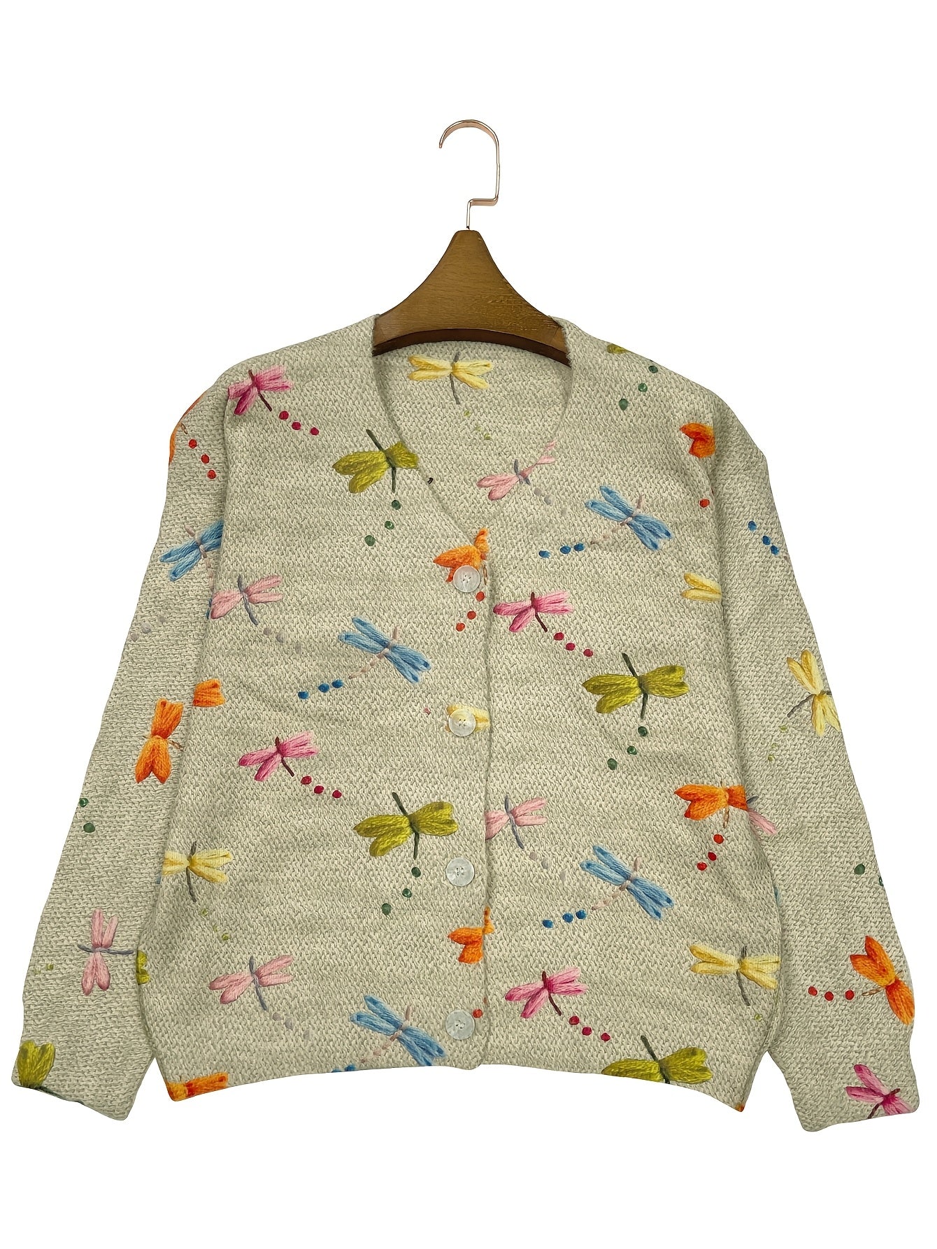 Plus Size Women's Printed Knitted Cardigan V-Neck Long Sleeve Colorful Dragonfly