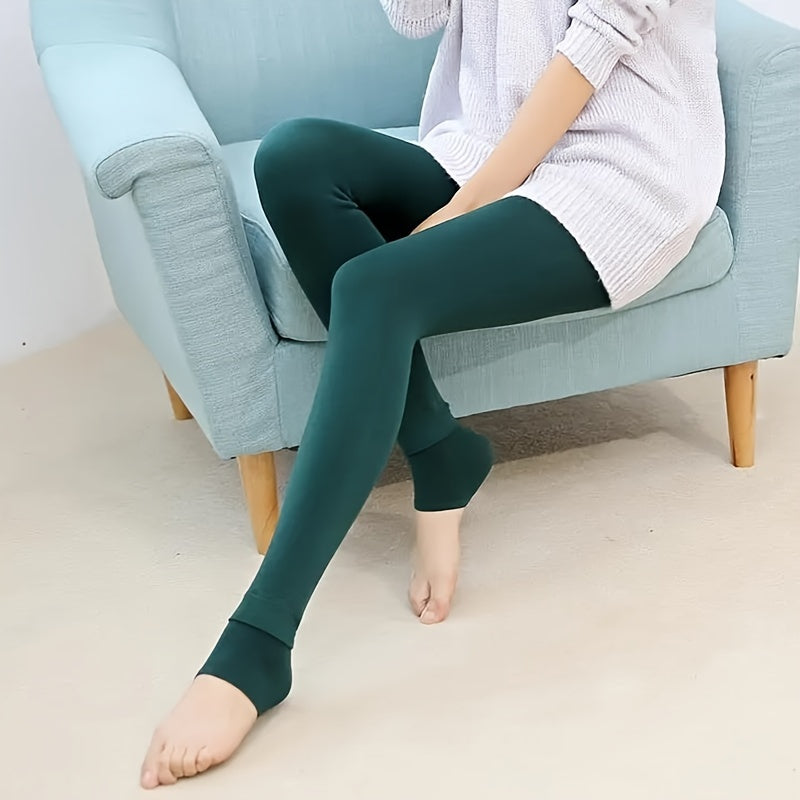 Women's High Waist Velvet Leggings Solid Color Elastic Knit Warm Winter