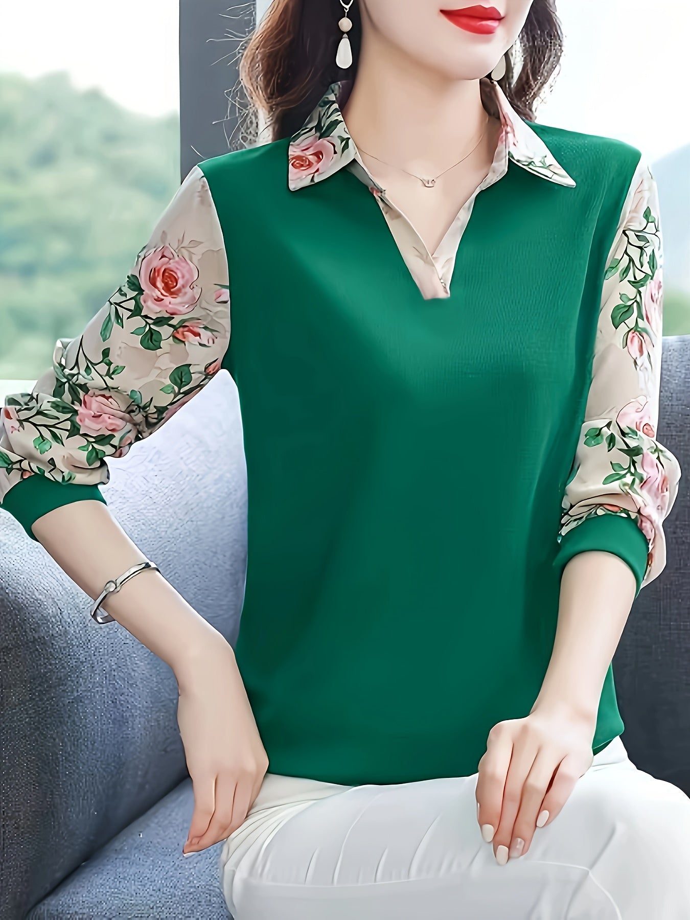Women's Long Sleeve Floral Polyester Blouse with Lapel Collar for Spring and Autumn Vacations
