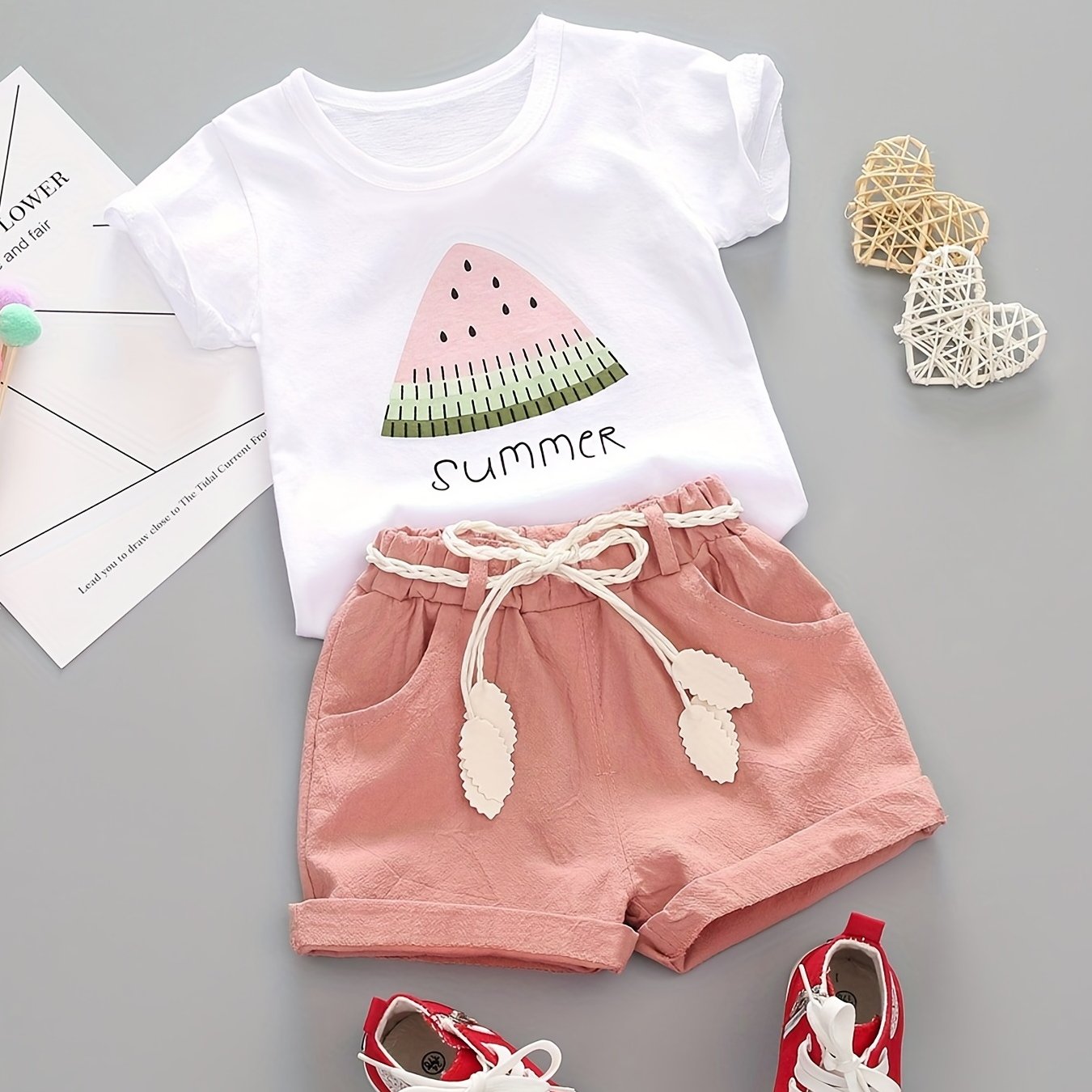 Girls Summer Outfit Watermelon Print Cotton Short Sleeve T-Shirt and Casual Shorts Set