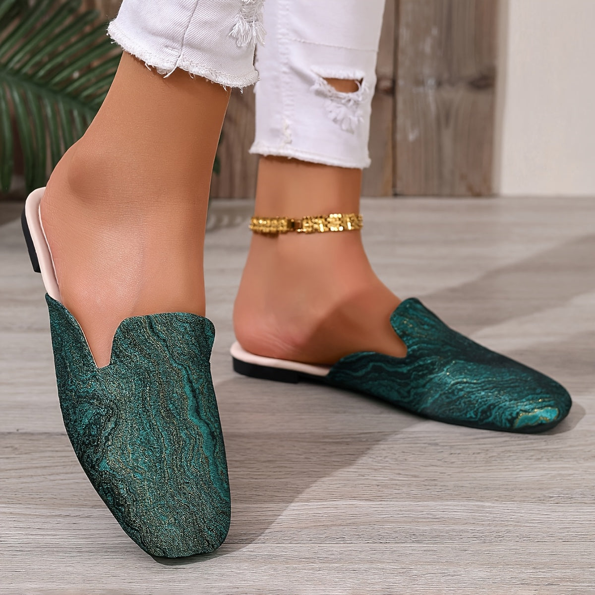 Women’s Green Glitter Slip-On Flat Shoes Casual Square Toe TPR Sole