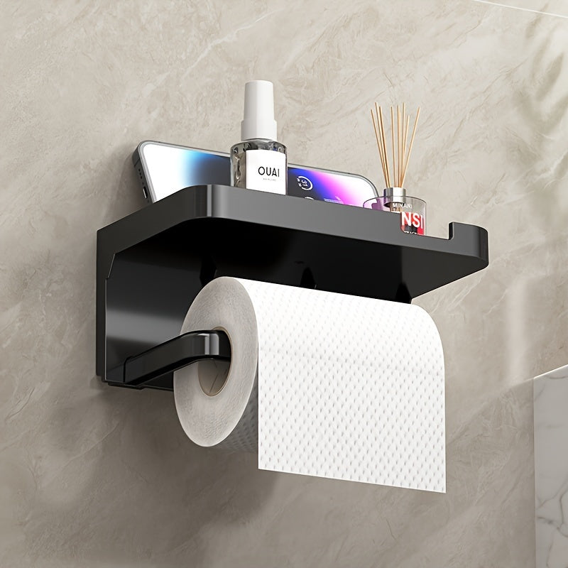 Wall-Mounted Toilet Paper Holder with Phone Stand Self-Adhesive Bathroom Organizer Polished Finish