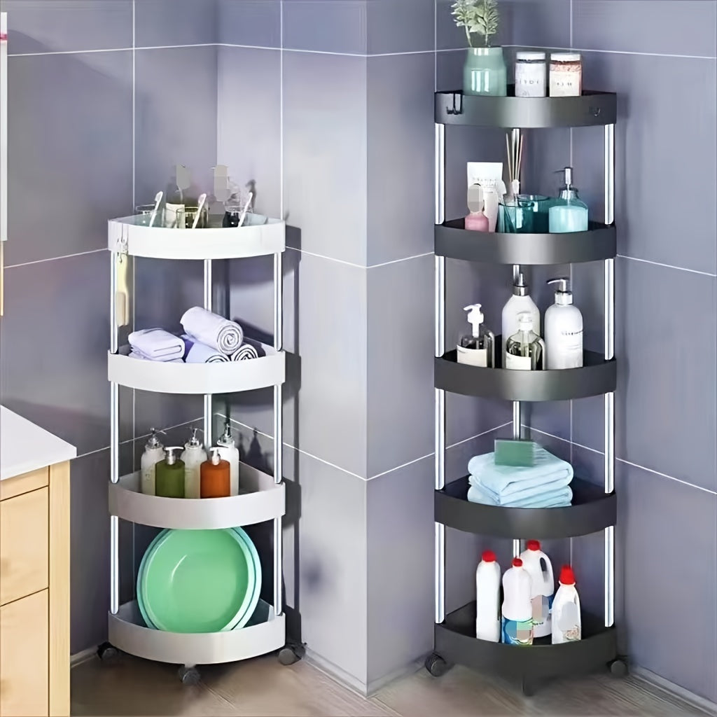 360-Degree Rotating Corner Shelf Stainless Steel Plastic Adjustable Height Bathroom Living Room Storage