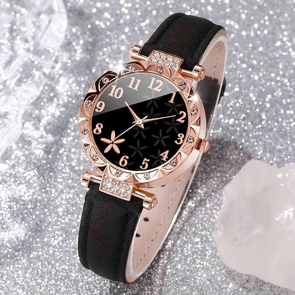 Women's Quartz Watch Set with Rhinestone Heart Dial and PU Leather Strap 3-Piece