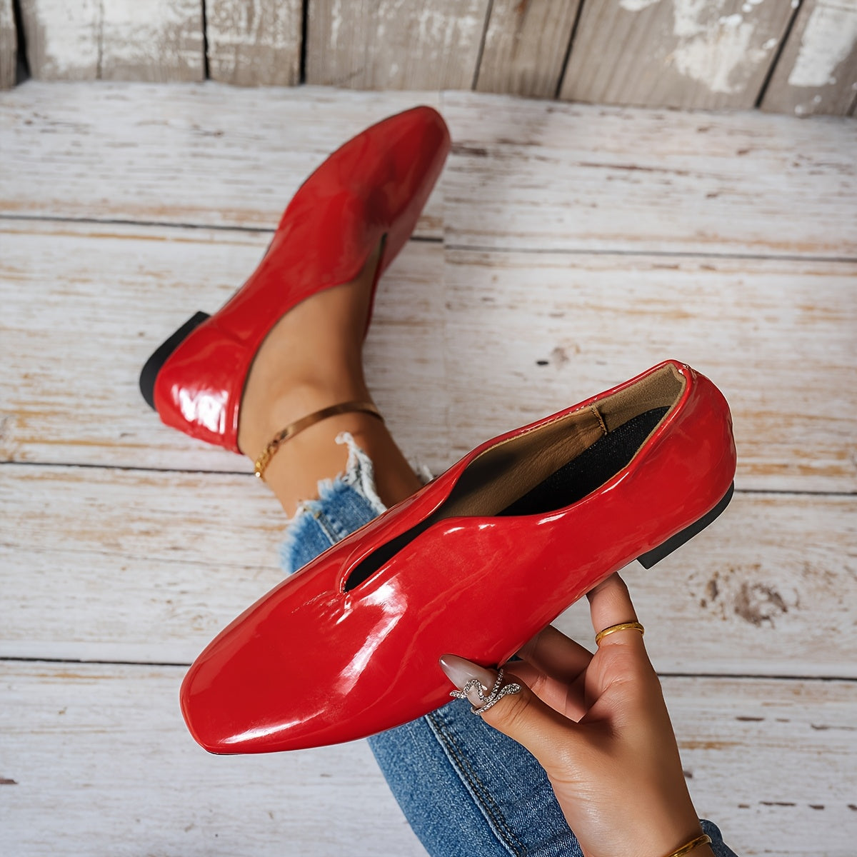 Women’s Red Mary Jane Flats Casual Slip-On Square Toe Shoes