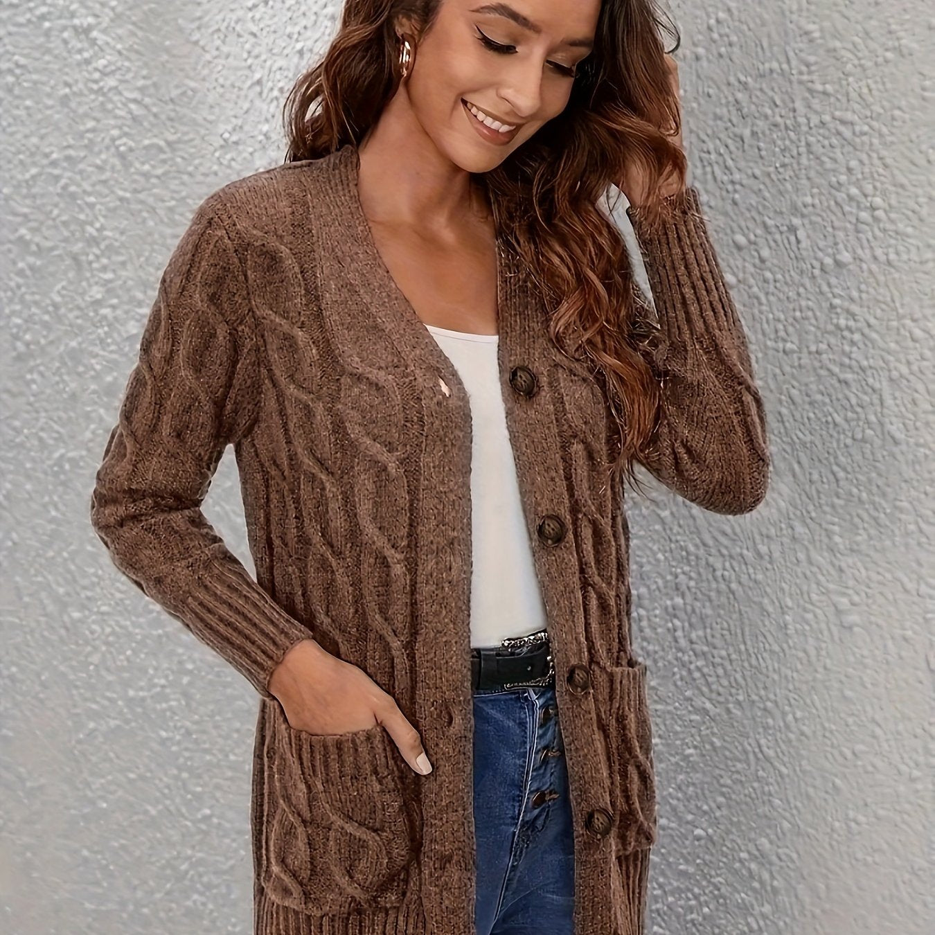 Plus Size Knit Cardigan Long Sleeve Button Pocket Sweater Women