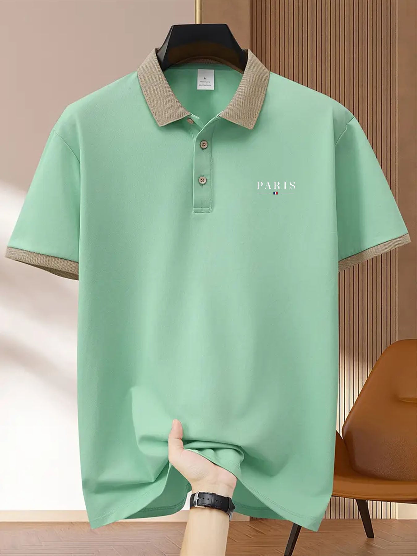 Camisa de golf casual para hombre, de poliéster, con estampado de la bandera francesa, corte regular, cuello con solapa, botones y patrón geométrico
