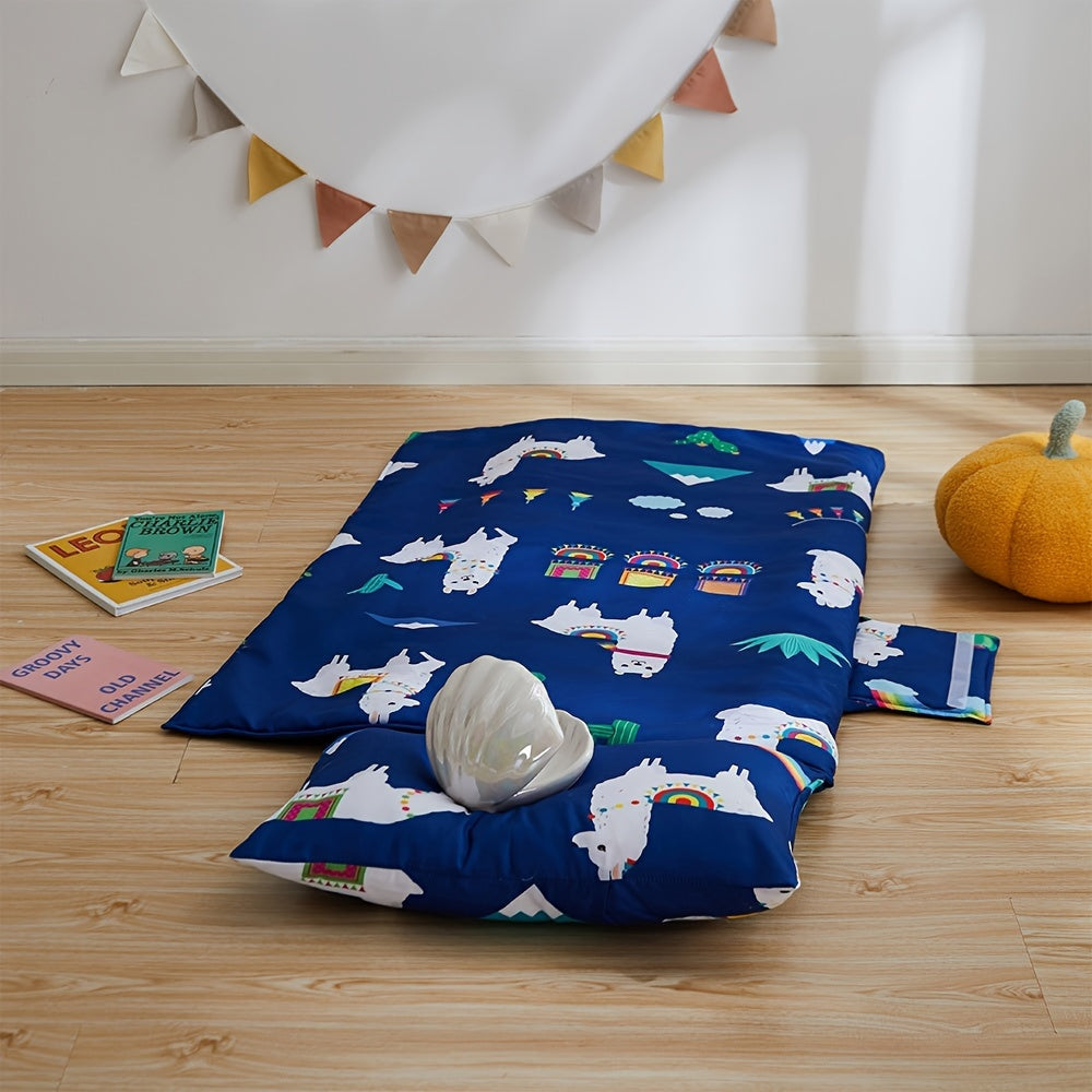 Kids Nap Mat Blue Rollup with Animal and Geometric Patterns for Daycare Preschool Travel