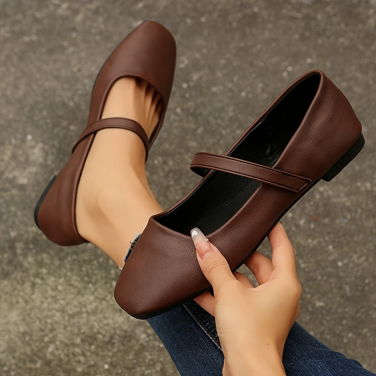 Women's Brown Faux Cover Slip-On Flats with Ankle Strap and Non-Slip Sole
